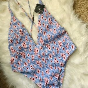 Baby Blue Floral One Piece Ruched Swimsuit